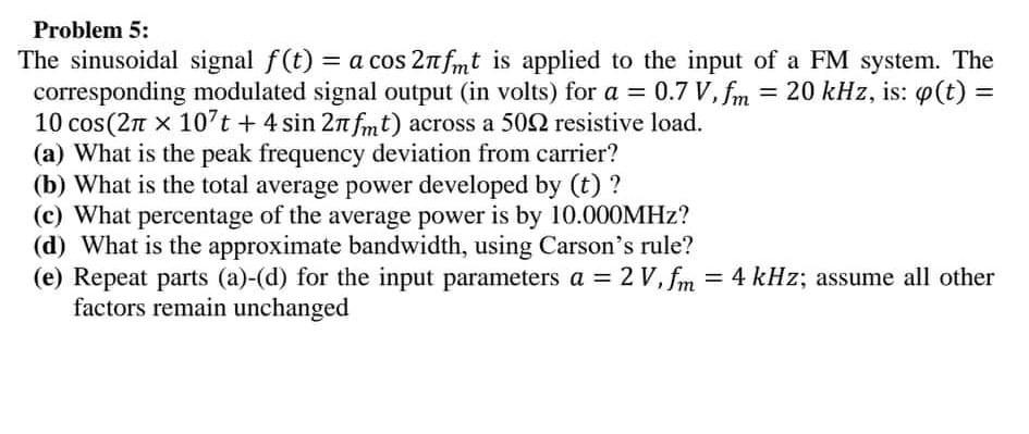 Solved Problem 5: The sinusoidal signal f(t) = a cos 2πfmt | Chegg.com