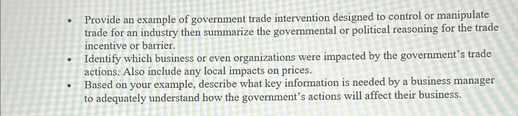 Solved Provide an example of government trade intervention | Chegg.com