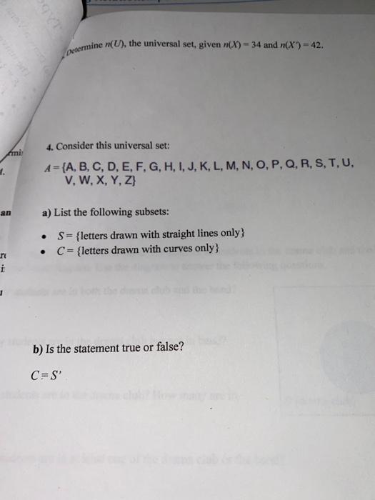 Determine U The Universal Set Given N X 34 And Chegg Com