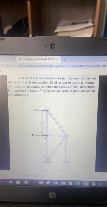 Las barras de la armadura tienen un área \( 1.25 \mathrm{in}^{2} \mathrm{en} \) sus secciones transversales \( \mathrm{Si} \)