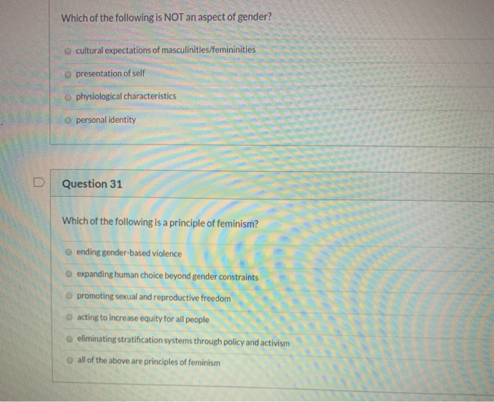 Solved Which Of The Following Is NOT An Aspect Of Gender? | Chegg.com