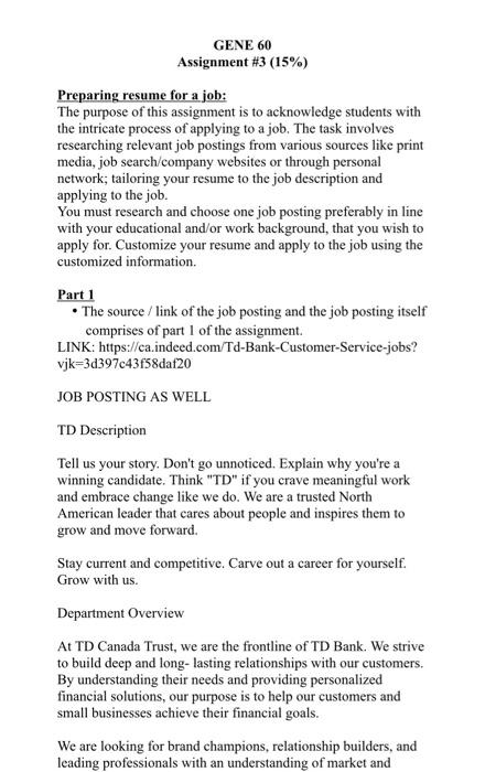 GENE 60 Assignment #3 (15%) Preparing resume for a | Chegg.com