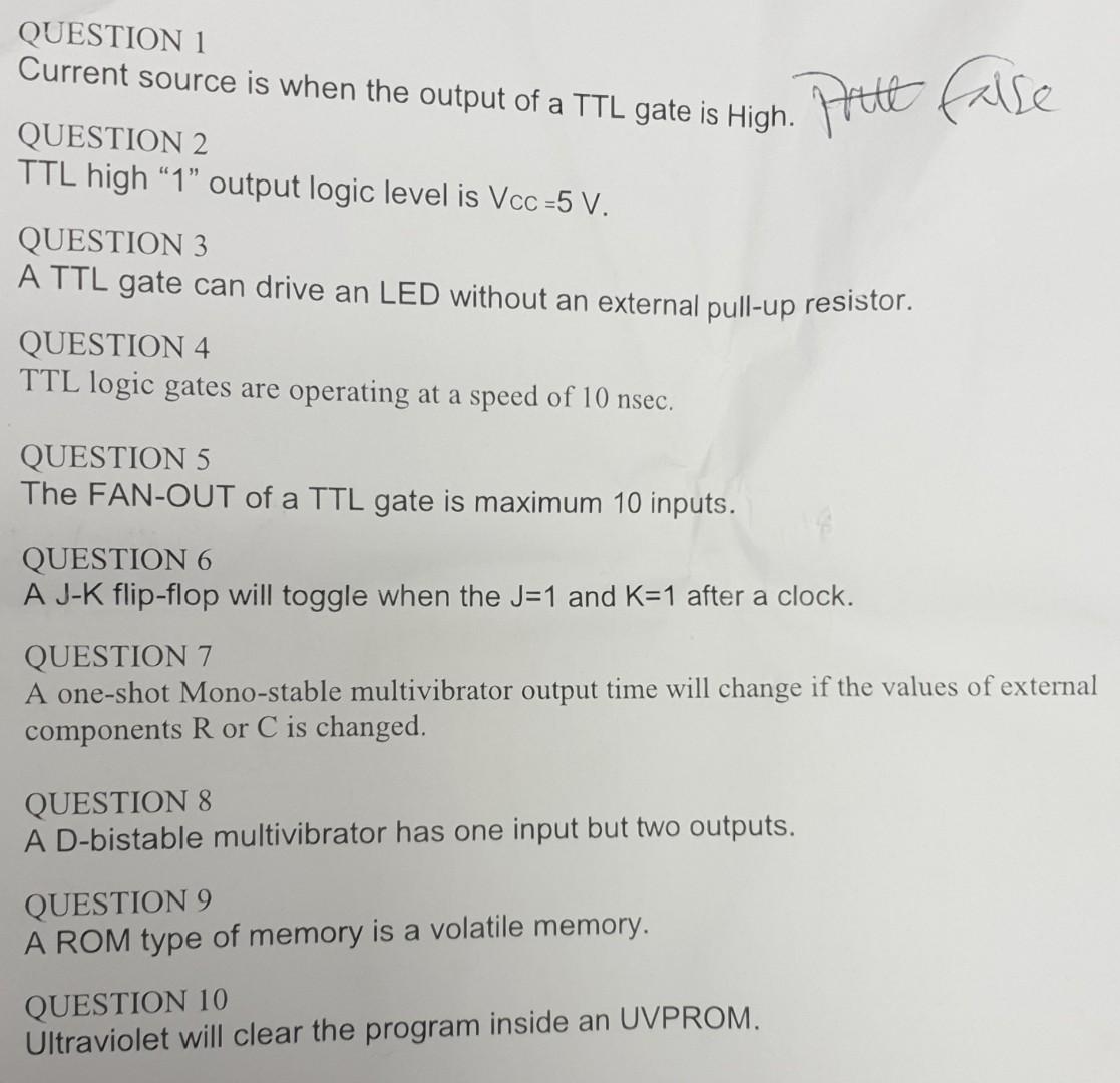 Solved QUESTION 1 Current source is when the output of a TTL | Chegg.com