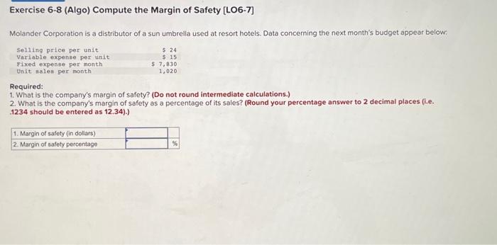 Solved Exercise 6-8 (Algo) Compute the Margin of Safety | Chegg.com