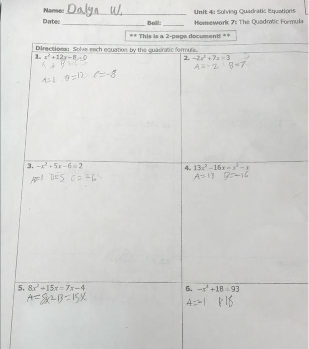 unit 4 solving quadratic equations homework 9