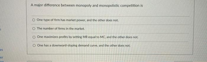 Solved A major difference between monopoly and monopolistic | Chegg.com