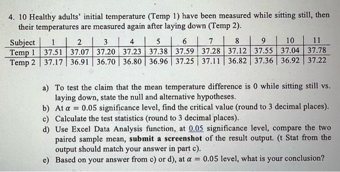 Solved 4. 10 Healthy adults' initial temperature (Temp 1) | Chegg.com
