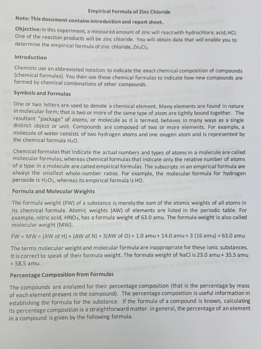 Empirical Formula of Zinc Chloride Note This