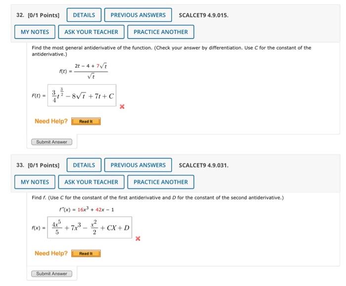 Solved Find The Most General Antiderivative Of The Function