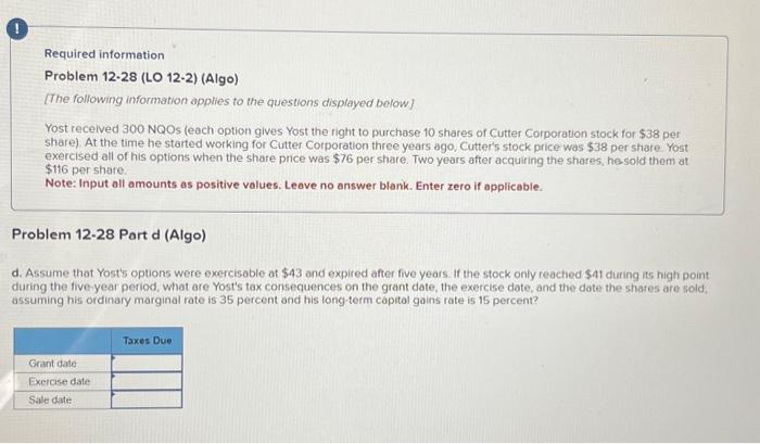 Solved Required information Problem 12-28 (LO 12-2) (Algo) | Chegg.com