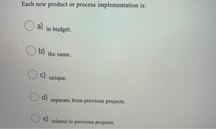 Solved Each new product or process implementation is: a) in | Chegg.com