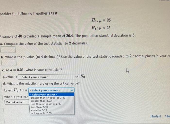 Solved Consider The Following Hypothesis Test