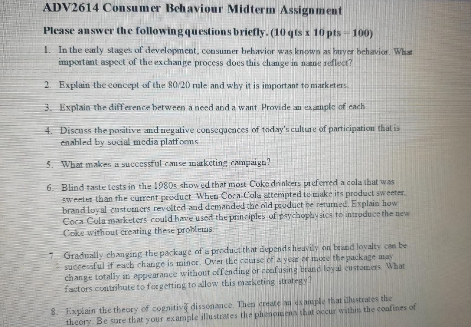 ADV2614 Consumer Behaviour Midterm Assignment Please | Chegg.com