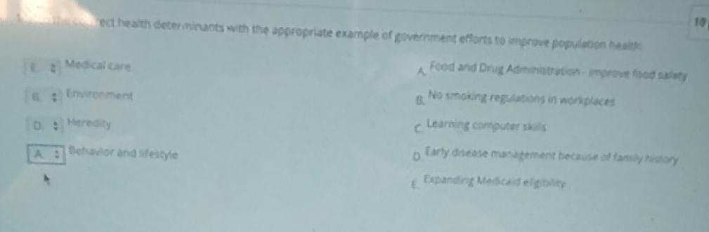 10 ed health determinants with the appropriate example of government efforts to improve population Medical care Food and Drug