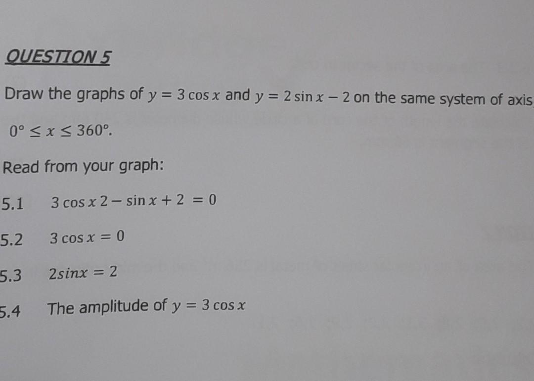 Solved Draw The Graphs Of Y 3cosx And Y 2sinx−2 On The Same