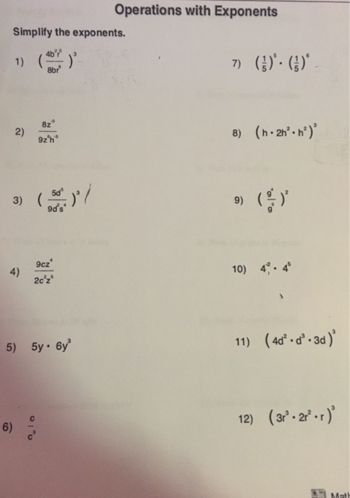 Solved Operations with Exponents Simplify the exponents. 7) | Chegg.com