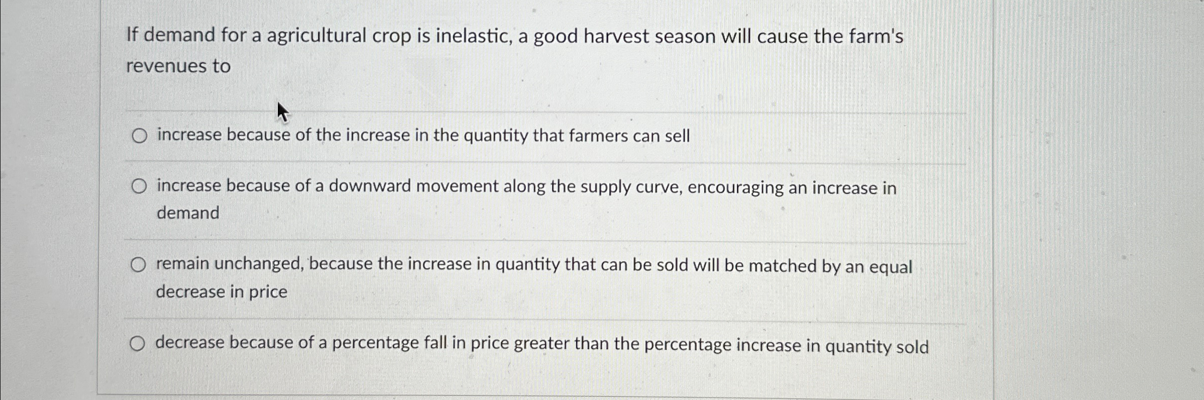 Solved If demand for a agricultural crop is inelastic, a | Chegg.com