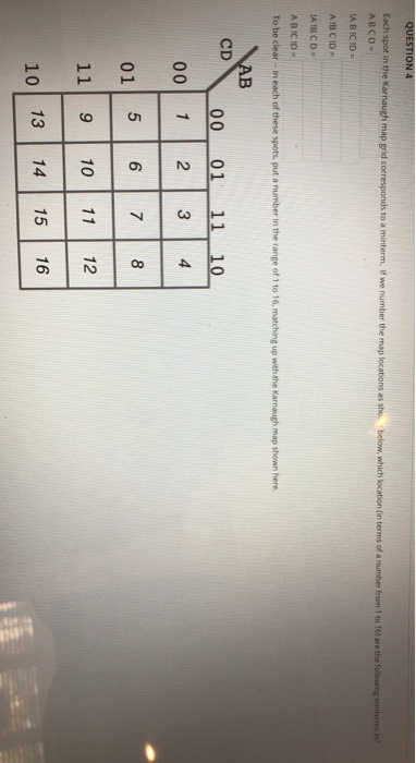 QUESTION 4 Each spot in the Karnaugh map grid corresponds to a minterm. If we number the map locations as sho ABCD below, whi