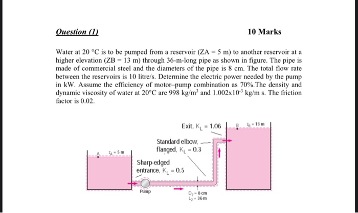 Solved Question (1) 10 Marks Water at 20 °C is to be pumped | Chegg.com