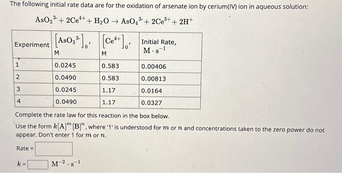 AsO33−+2Ce4++H2O→AsO43−+2Ce3++2H+ Complete the rate | Chegg.com
