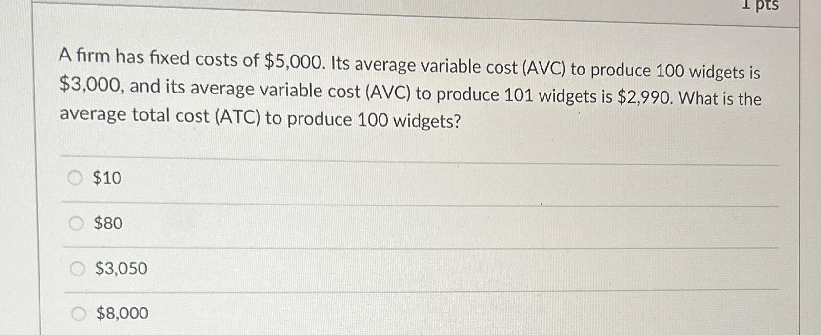 Solved A firm has fixed costs of 5,000. ﻿Its average