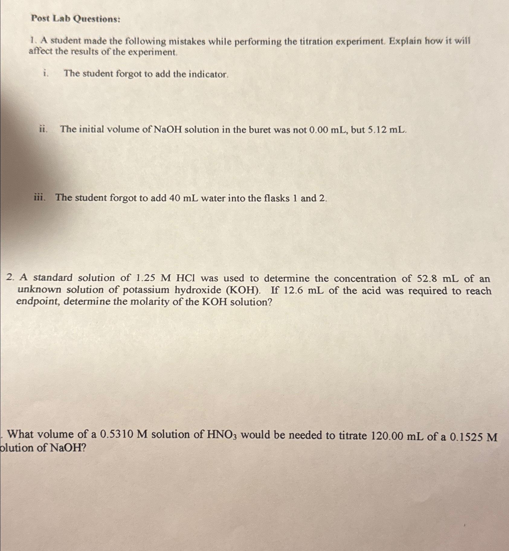 titration experiment questions and answers