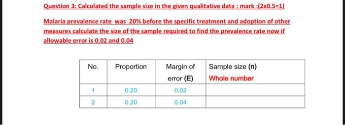 Solved Question 3 Calculated The Sample Size In The Given Chegg Com