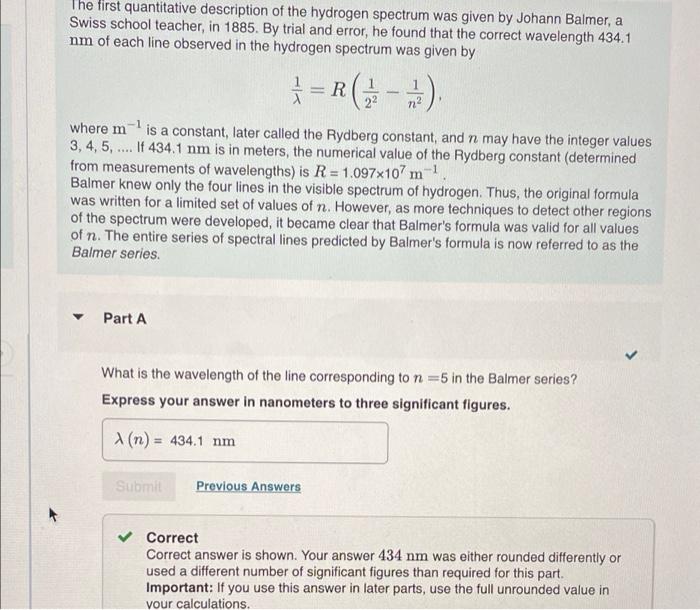 Solved The first quantitative description of the hydrogen | Chegg.com