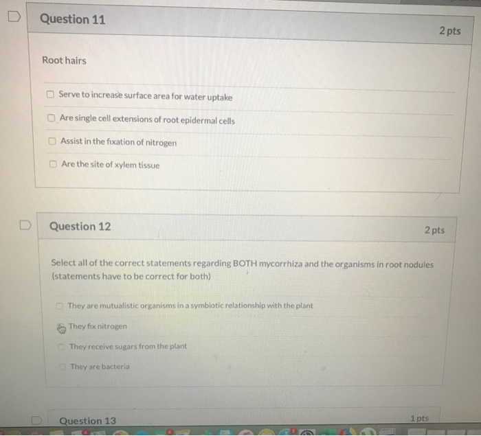 Solved Question 11 2 pts Root hairs Serve to increase