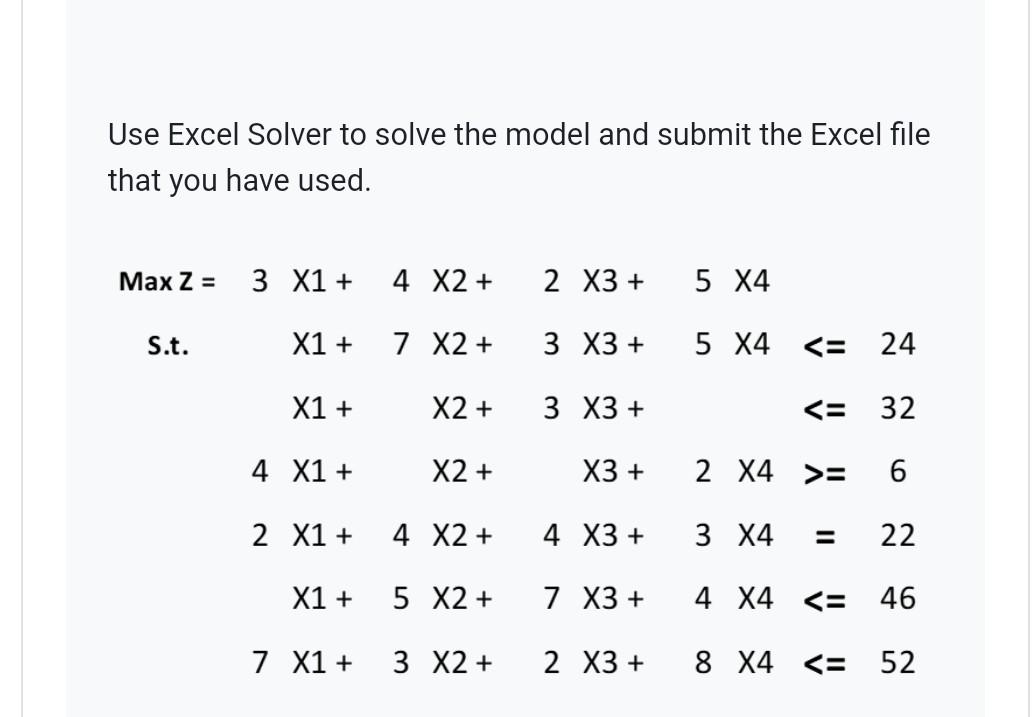 Solved Use Excel Solver to solve the model and submit the | Chegg.com