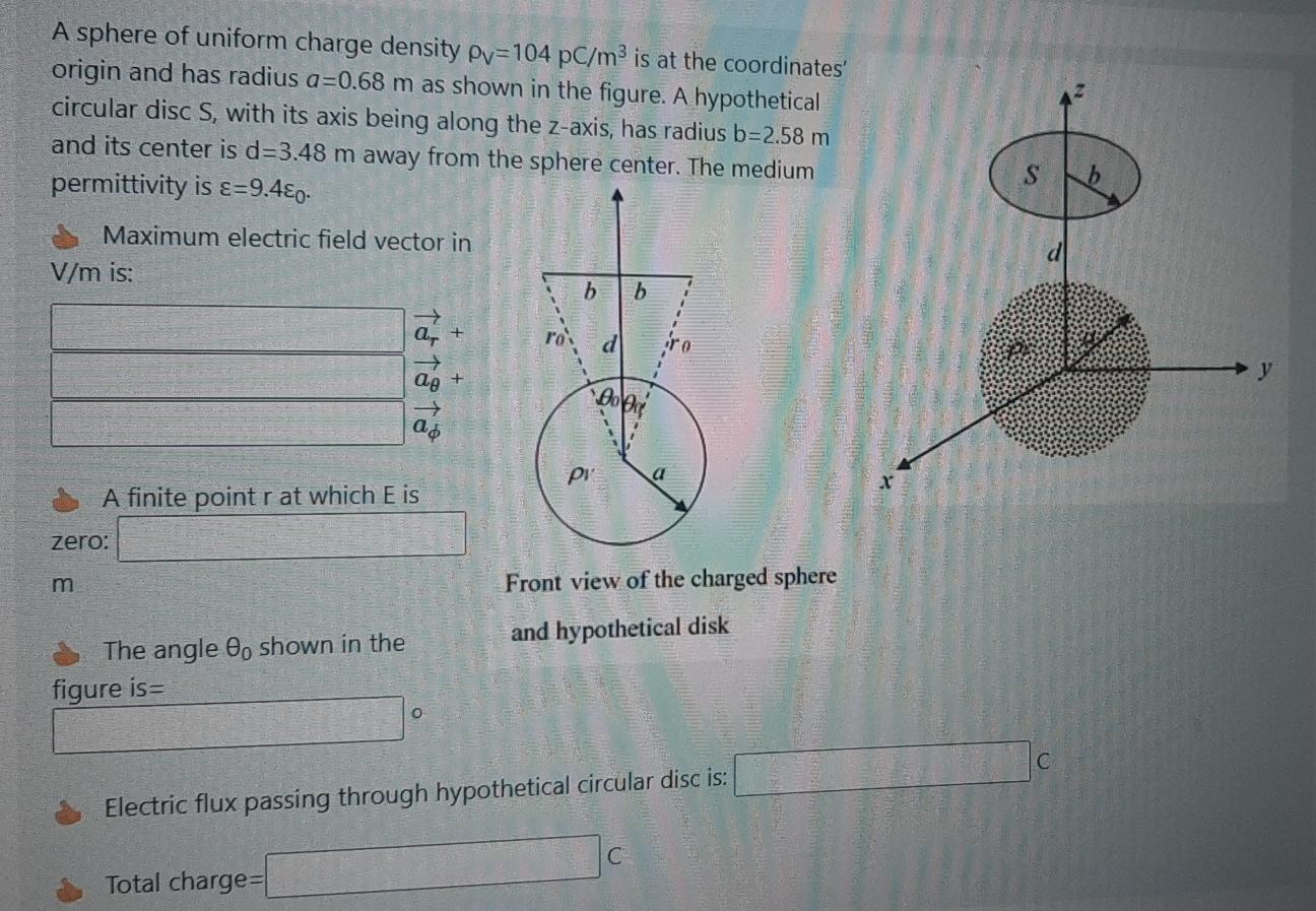 Solved A sphere of uniform charge density Pv=104 pC/m3 is at | Chegg.com