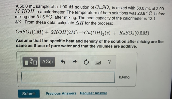 Solved A 50.0 mL sample of a 1.00 M solution of CuSO4 is | Chegg.com