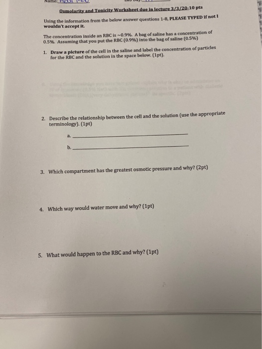 Solved Osmolarity And Tonicity Worksheet Due In Lecture