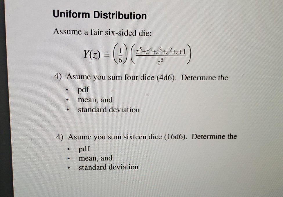 Solved Uniform Distribution Assume a fair sixsided die