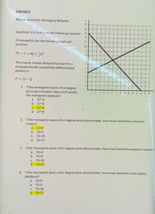 Exercise 5: Review Questions: Monopoly Behavior | Chegg.com