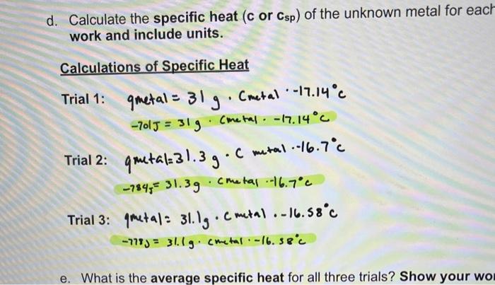 Solved d. Calculate the specific heat (c or csp ) of the | Chegg.com