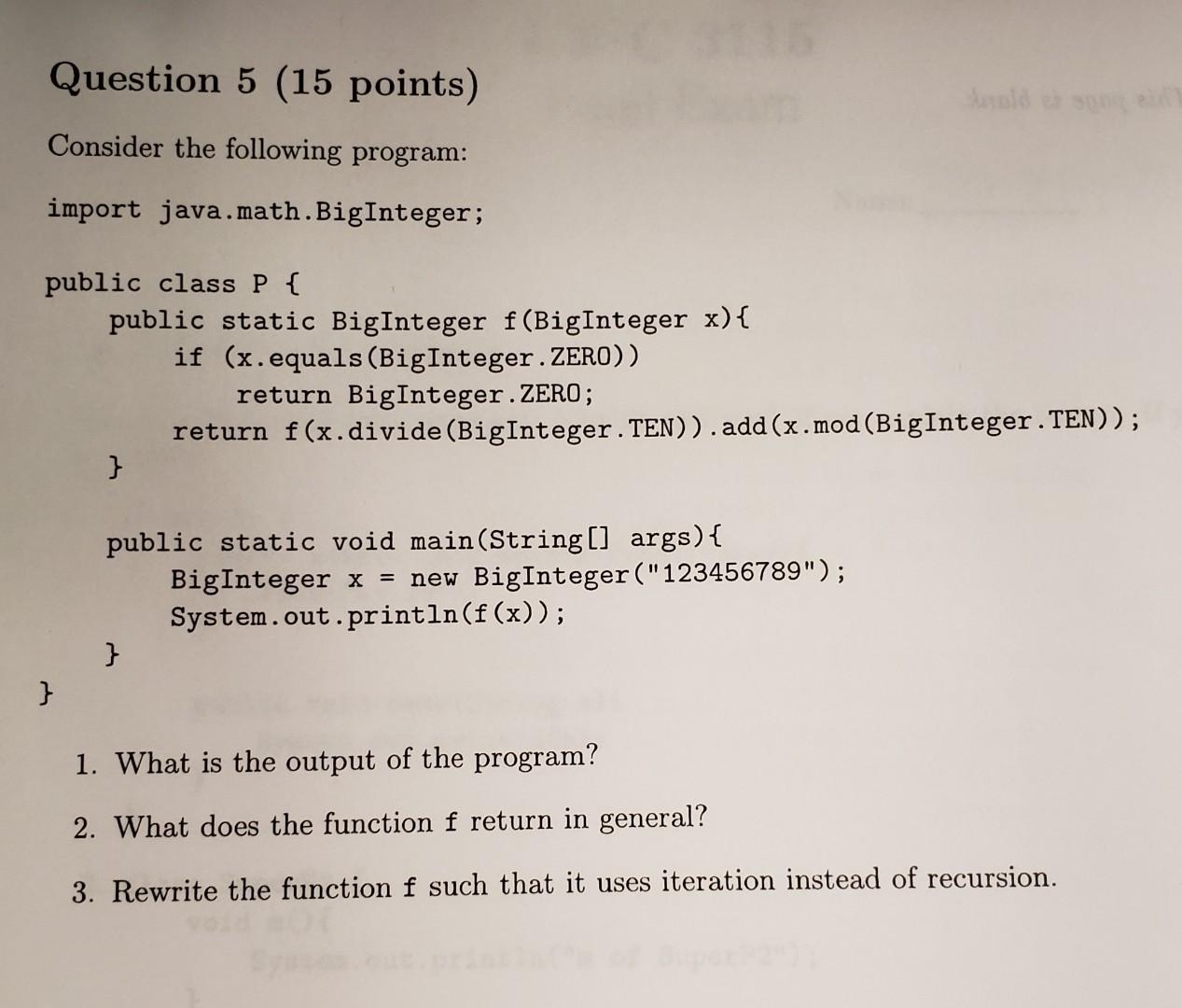 Solved Question 5 (15 points) Consider the following | Chegg.com