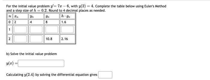 Solved For the initial value problem y′=7x−6, with y(2)=4. | Chegg.com