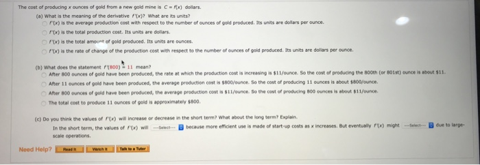 Solved The cost of producing x ounces of gold from a new | Chegg.com