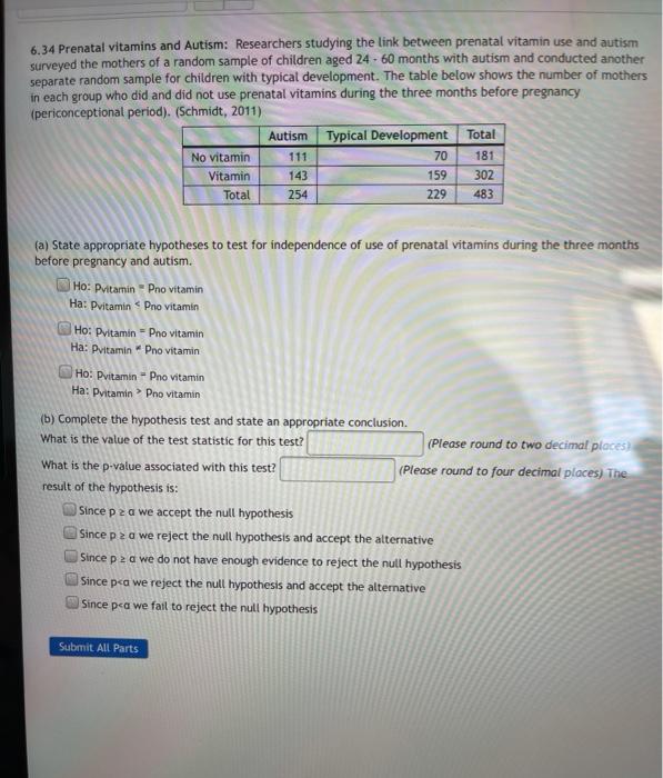 Solved 6.34 Prenatal vitamins and Autism Researchers
