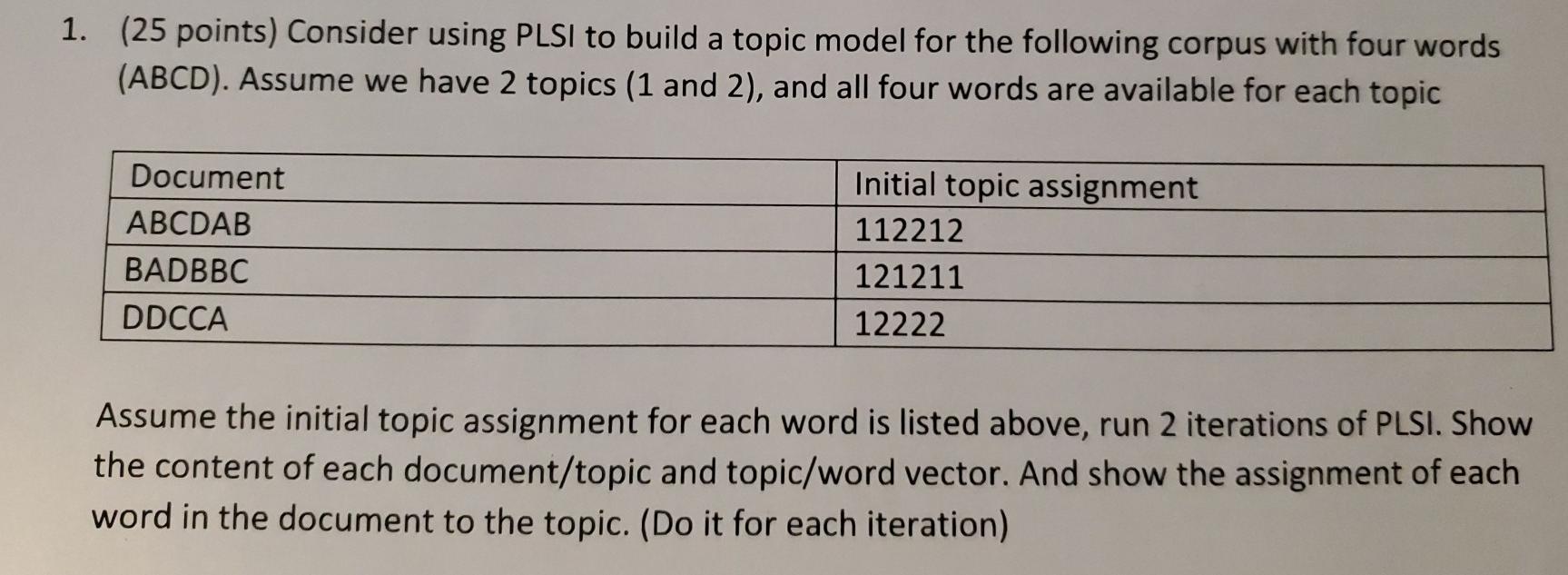 1. (25 points) Consider using PLSI to build a topic | Chegg.com