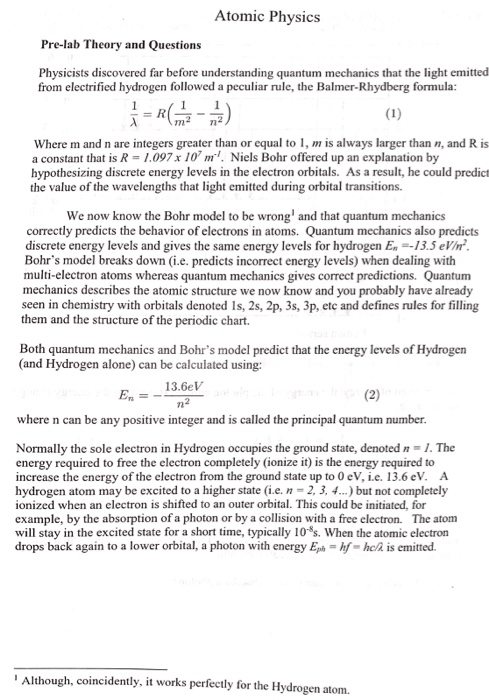 Solved Atomic Physics Pre-lab Theory and Questions | Chegg.com