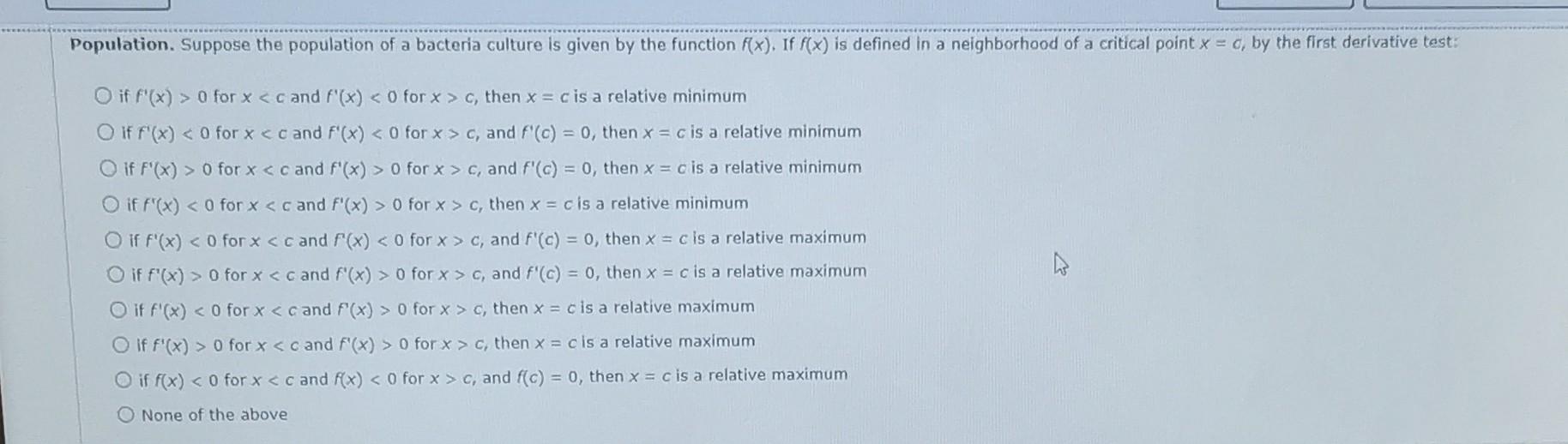 Solved Population. Suppose the population of a bacteria | Chegg.com
