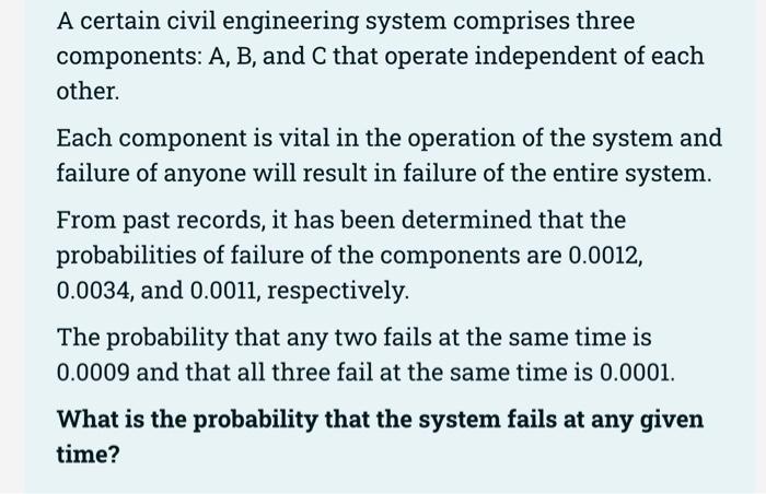 Solved A certain civil engineering system comprises three | Chegg.com