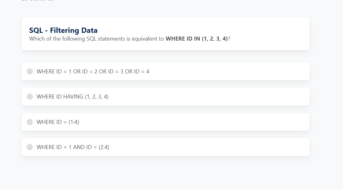 SQL - Filtering DataWhich of the following SQL | Chegg.com