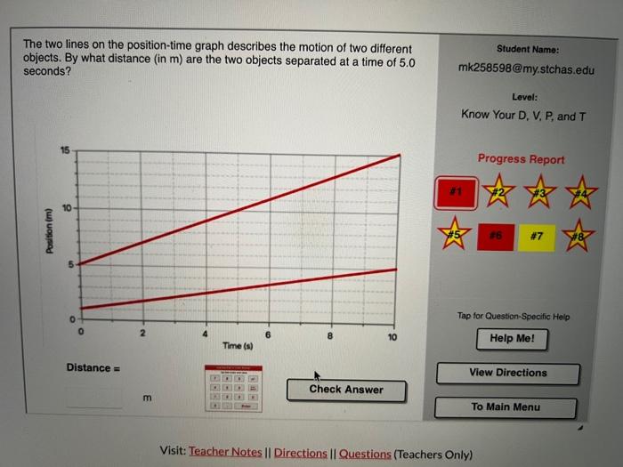 The two lines on the position-time graph describes the motion of two different objects. By what distance (in \( \mathrm{m} \)