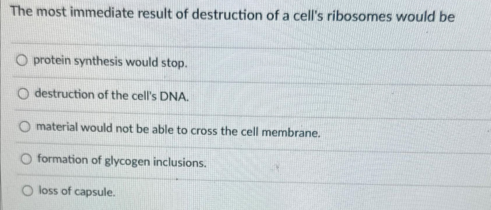 Solved The most immediate result of destruction of a cell's | Chegg.com