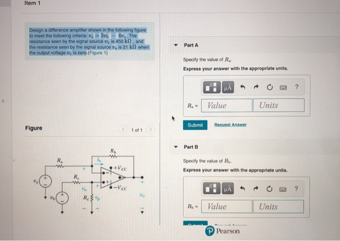 Solved Item 1 Design a difference amplifier shown in the | Chegg.com