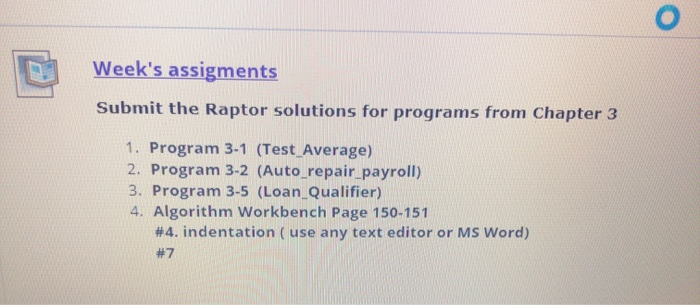 Solved Week's assigments Submit the Raptor solutions for | Chegg.com