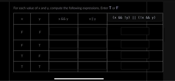 For each value of \( x \) and \( y \), compute the following expressions. Enter \( T \) or \( F \) \begin{tabular}{|c|c|c|c|c